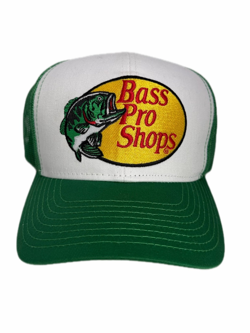 Bass Pro Shops Green White Yellow Embroidered Fish Logo Trucker Hat